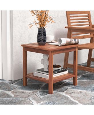 Patio Acacia Wood Side Table 2-Tier Square End Table Porch Poolside