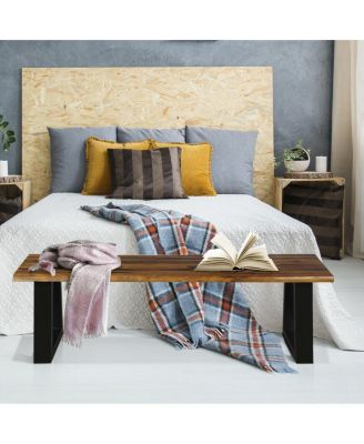 Solid Acacia Wood Patio Bench Dining Bench Outdoor W/Rustic Metal Legs