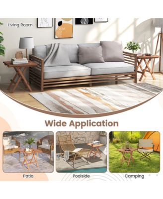 2 Pieces Indonesia Teak Wood Folding End Table Square Side Table w/ Slatted Tabletop Yard Natural