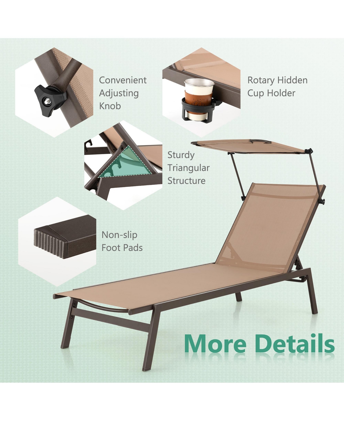 Costway Outdoor Chaise Lounge Chair with Sunshade 6-Level Adjustable Recliner Backyard