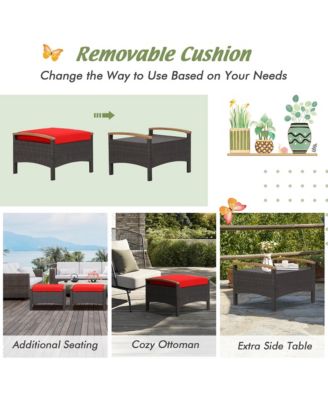 Set of 2 Patio Rattan Ottoman Footrest Cushions Wooden Handle