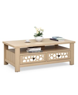 Coffee Table with2 Drawers & Open Shelf Modern Rectangular Wood