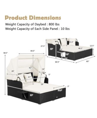 Patio Rattan Daybed Lounge Retractable Top Canopy Side Tables Cushions