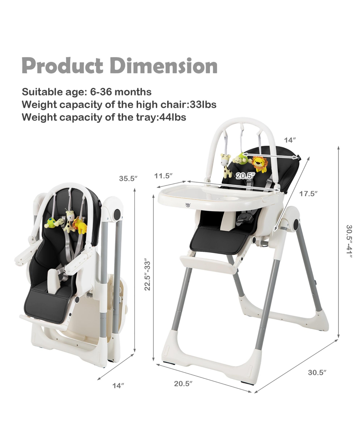 Costway Toddler Foldable High Chair with 7 Adjustable Heights & Free Toys Bar for Fun