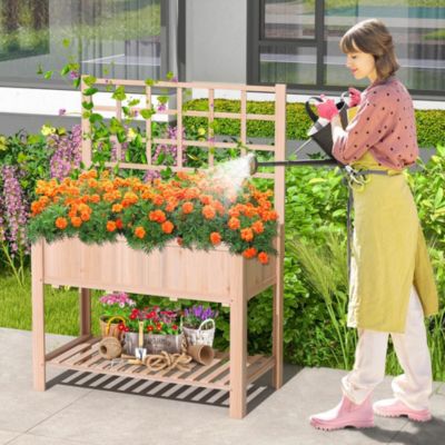 Raised Garden Bed Elevated Wooden Planter Box with Trellis & Open Storage Shelf