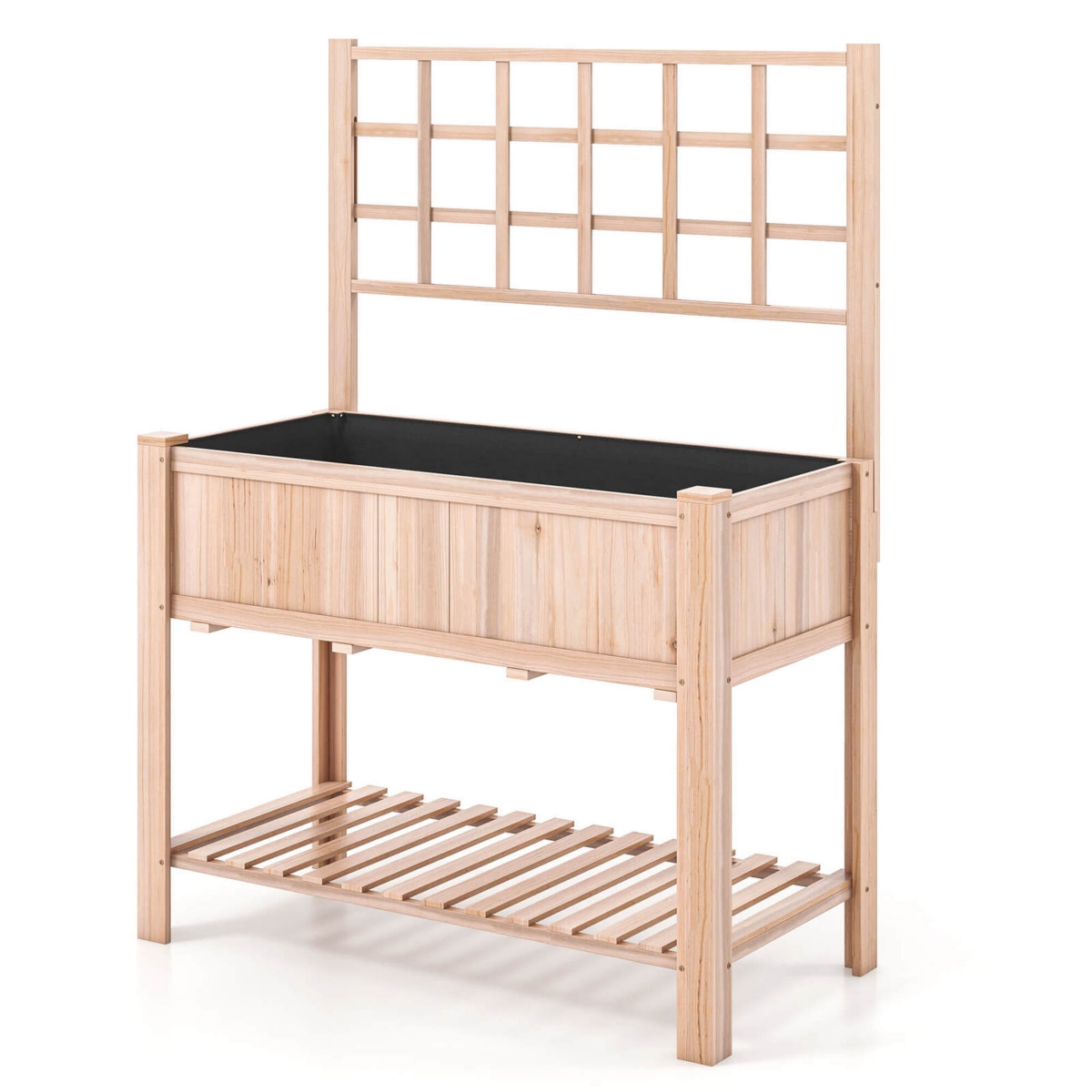 Costway Raised Garden Bed Elevated Wooden Planter Box with Trellis & Open Storage Shelf