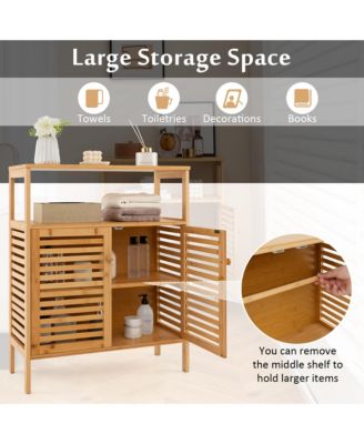 Bamboo Floor Cabinet Bathroom Storage Cabinet Storage Organizer w/ Shutter Doors