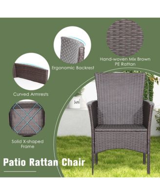 3PCS Patio Wicker Dining Set Acacia Wood Table Top with Cushioned Chairs Garden