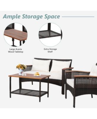 4PCS Rattan Patio Furniture Set Acacia Wood Outdoor Conversation Set w/ Cushions