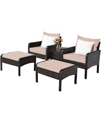 5 PCS Rattan Wicker Furniture Set Sofa Ottoman W/Brown Cushion Patio Garden Yard