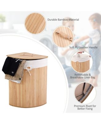 Corner Bamboo Hamper Laundry Basket Washing Cloth Bin Storage Bag Lid