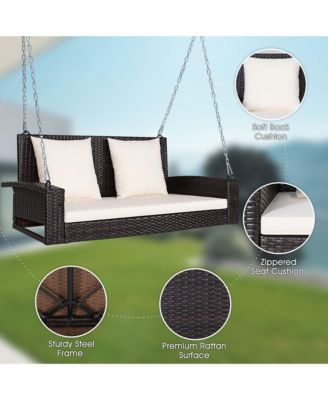 2-Person Patio Rattan Hanging Porch Swing Bench Chair Cushion