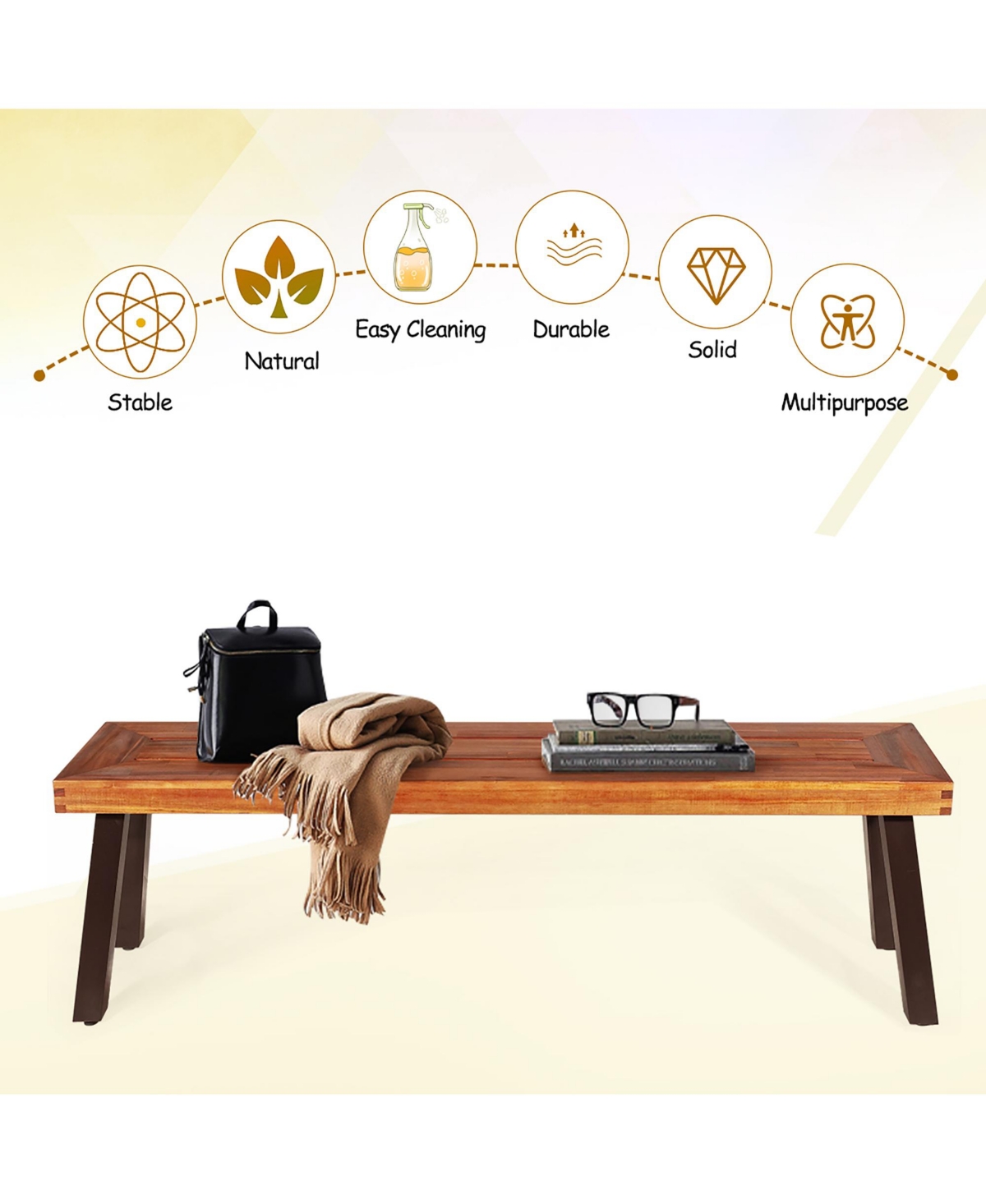 Costway Set of 2 Patio Acacia Wood Dining Bench with Rustic Steel Legs Outdoor Indoor