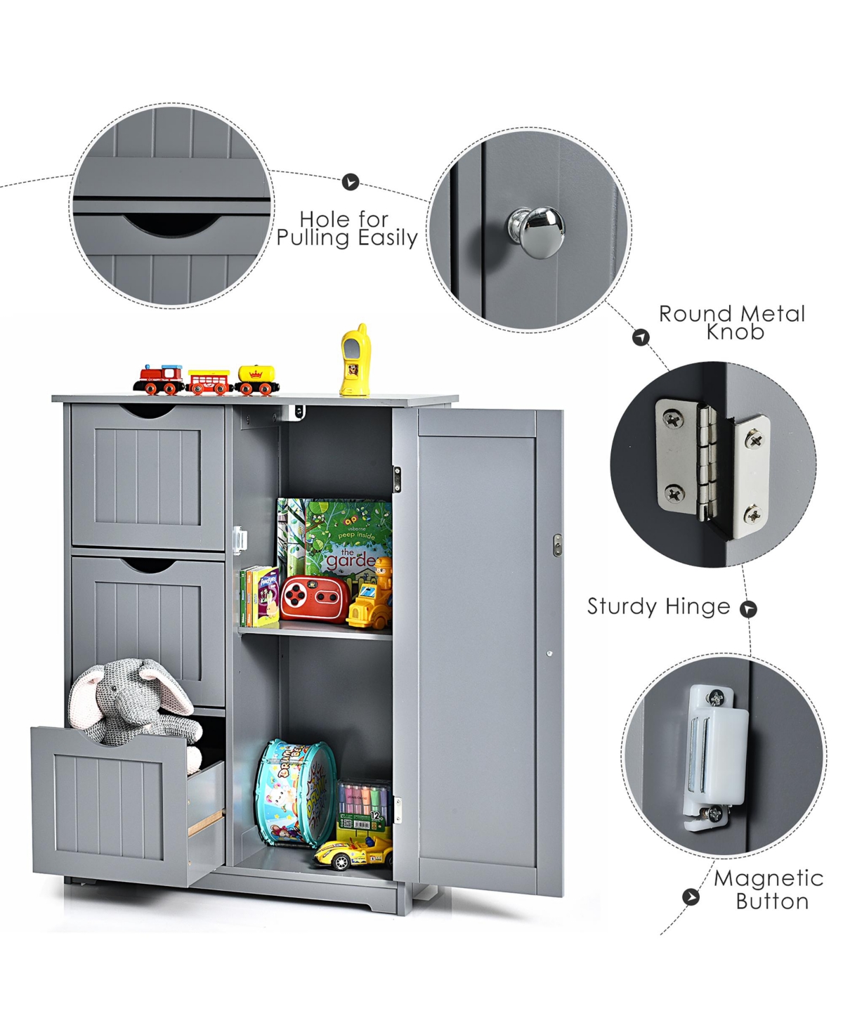 Costway Bathroom Floor Cabinet Side Storage Cabinet with 3 Drawers and 1 Cupboard
