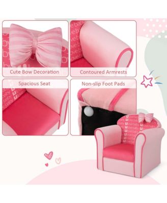 Single Piece Solid Wood Kids Cute Pink Bow Sofa Children Couch Toddler Upholstered Armchair