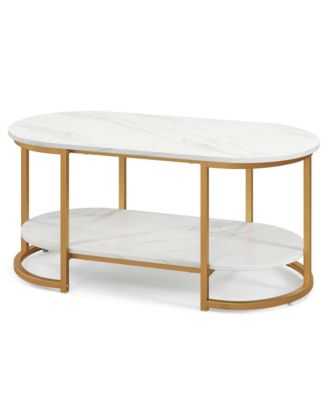 White Marble Coffee Table Modern 2-Tier Center Table with Open Storage Shelf