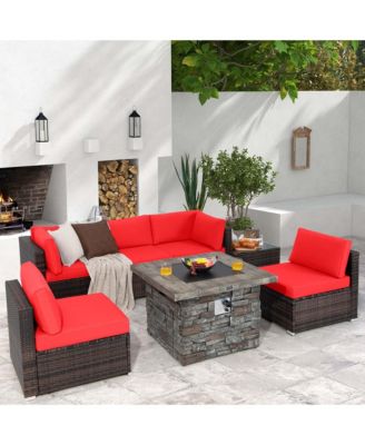 7 PCS Patio Furniture Set with 50,000 BTU Fire Pit Table Wicker Sofa Set with Cushions