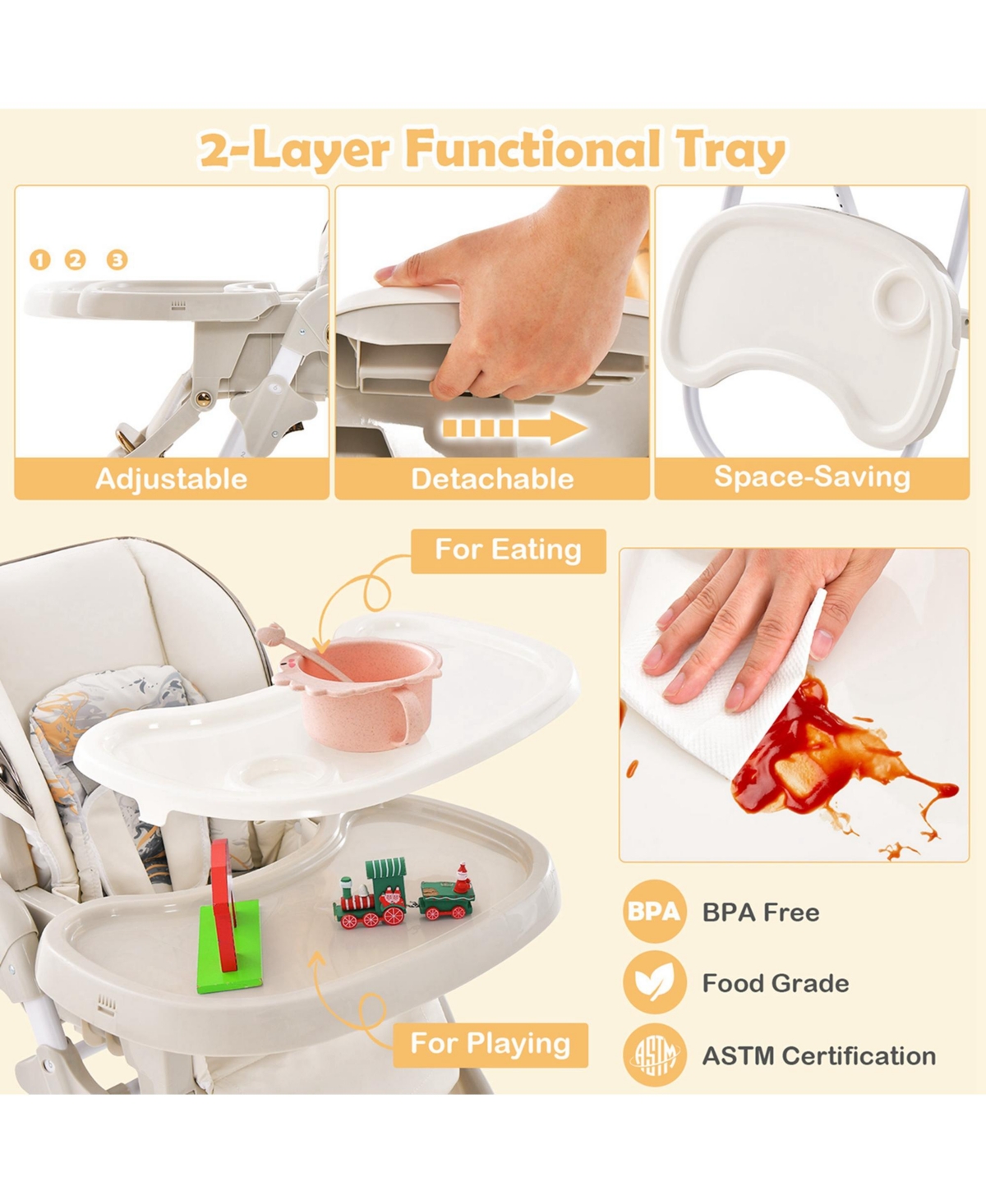 Costway Toddler High Chair with Wheel Folding Dining Adjustable Height & Recline