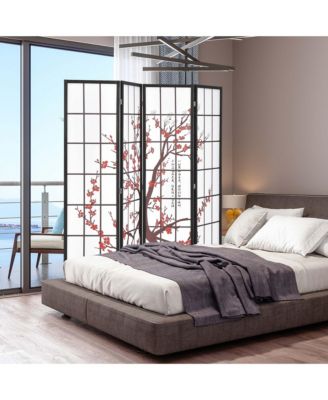 4-Panel Japanese Style Folding Room Divider with Elegant Plum Blossom Design Indoor