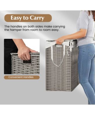 Hand-woven Rattan Laundry Hamper with Lid Removable Liner Bag 29-Gallon 2-Section
