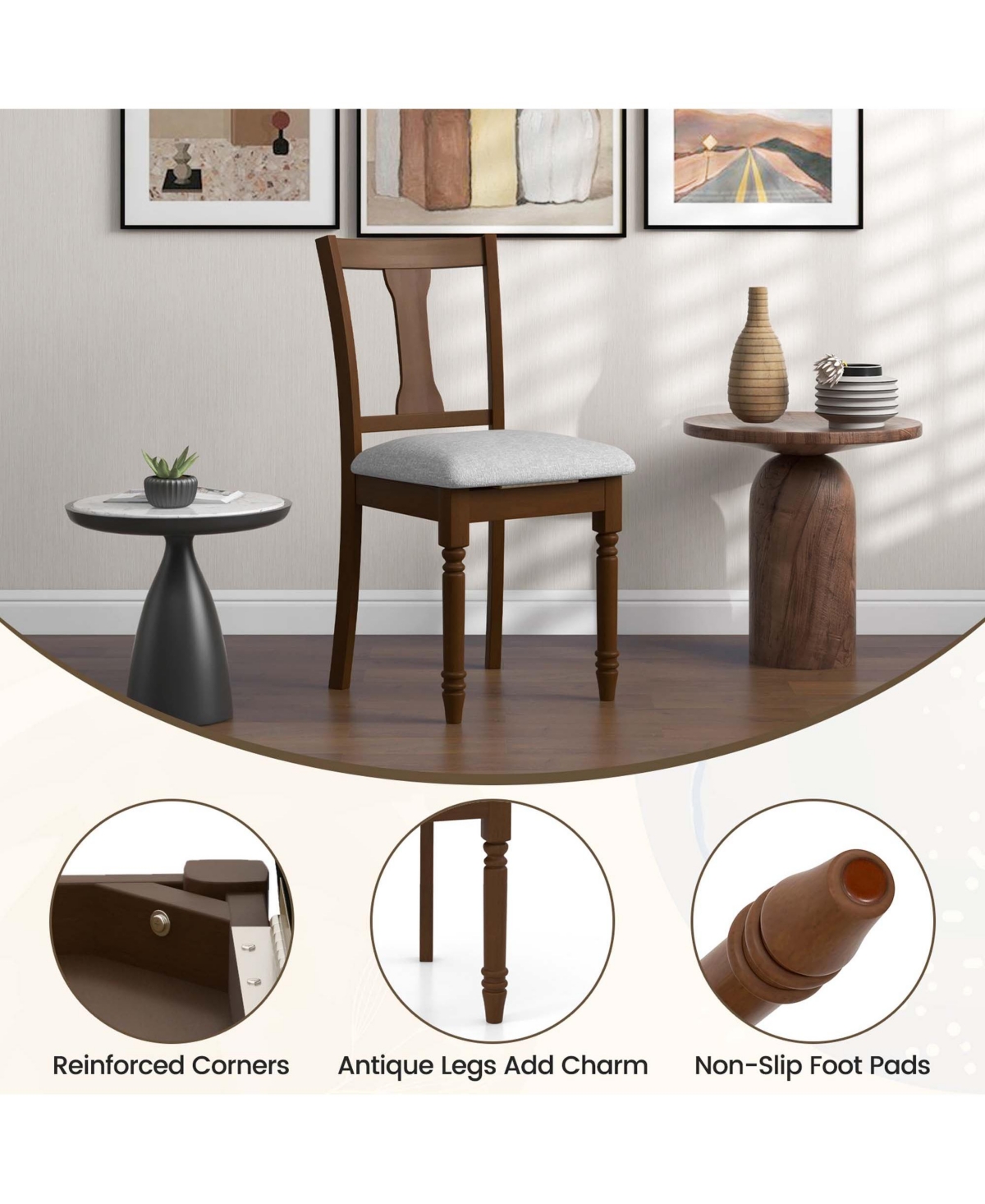 Costway 2 Pcs Wood Chair Antique Upholstered Chair with Storage Space
