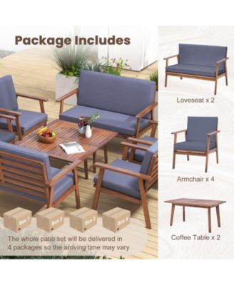 8 PCS Patio Conversation Set Acacia Wood Sofa Coffee Table with Cushioned Seat