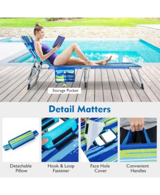 2 PCS Outdoor Beach Lounge Chair Folding Chaise Lounge with Pillow