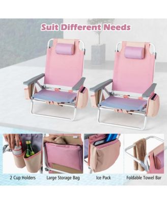 2-Pack Folding Backpack Beach Chair 5-Position Outdoor Reclining Chairs with Pillow