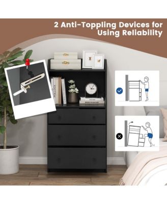 3-Drawer Dresser 44" Tall Wood Storage Organizer Chest with 2 Open Shelves