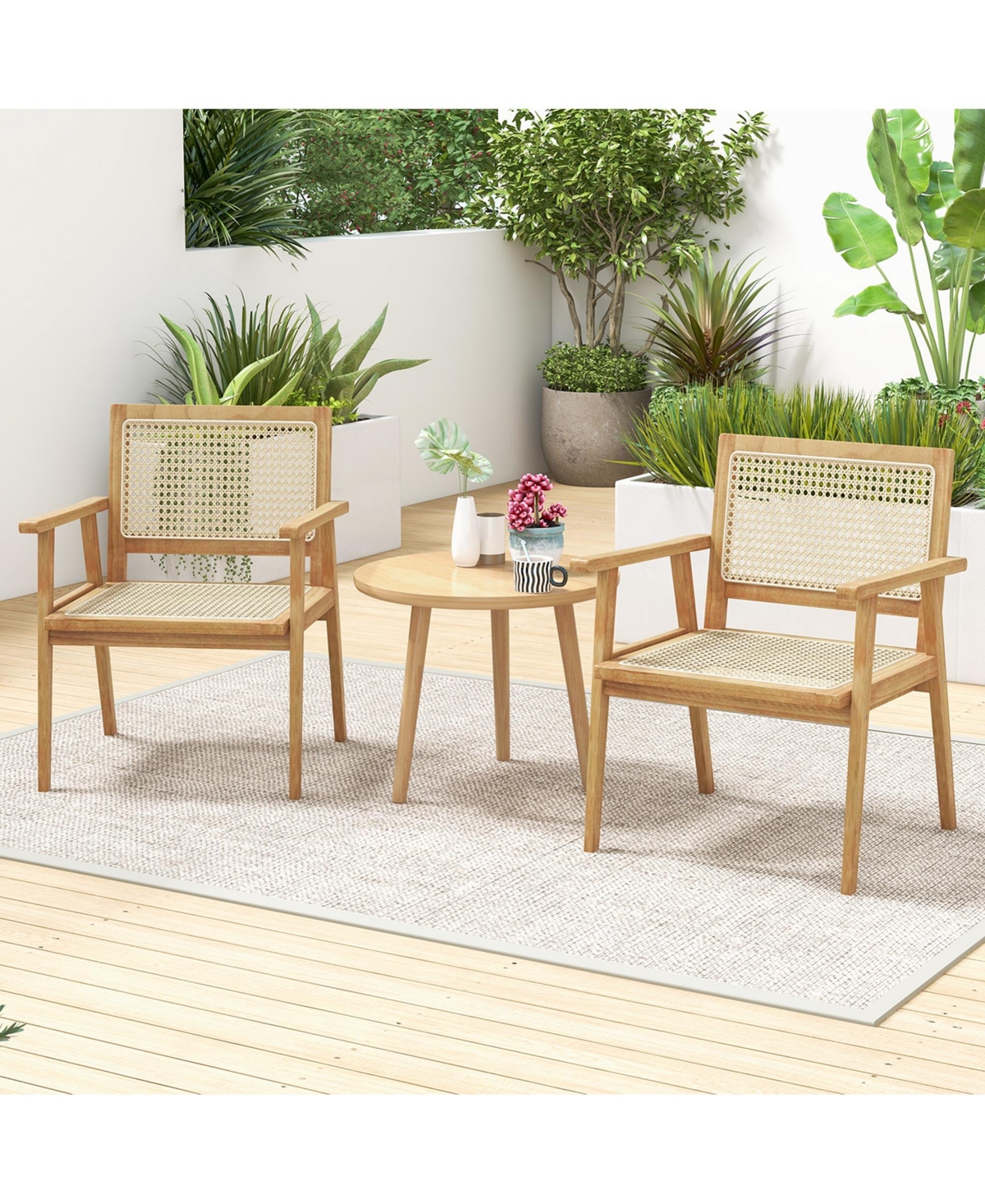 Costway 2 Pcs Outdoor Wood Chair Teak Wood Armchair with Rattan Seat & Back Patio Chair for Porch