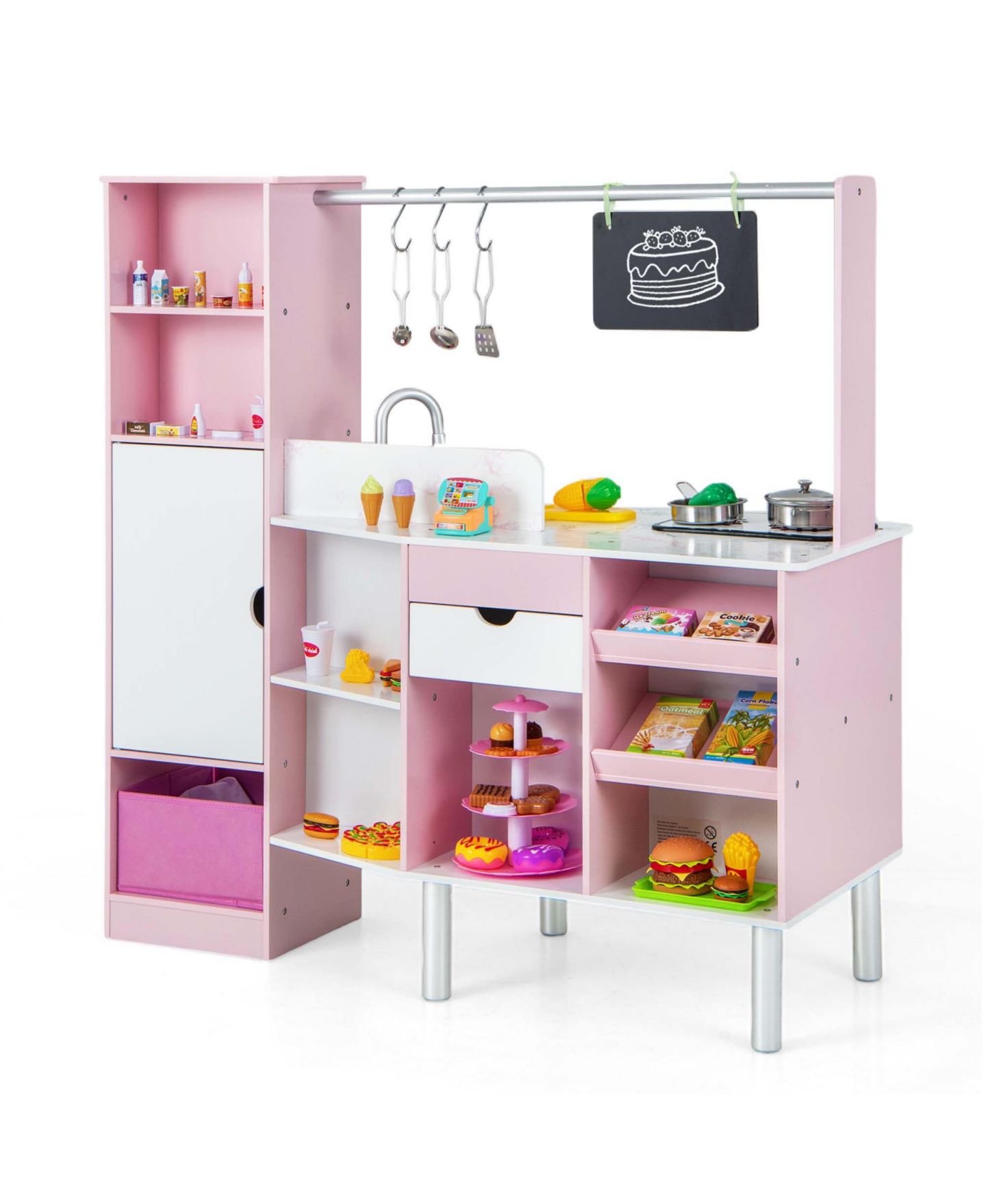Детская игрушка Costway 2-in-1 Kids Kitchen & Market with Lights and Sounds Play Set, от 3 лет, цвет: Розовый — фото 9