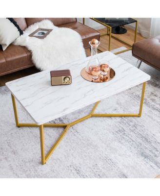 Modern Coffee Table with Faux Marble Tabletop & Golden Y-shaped Legs Foot Pads