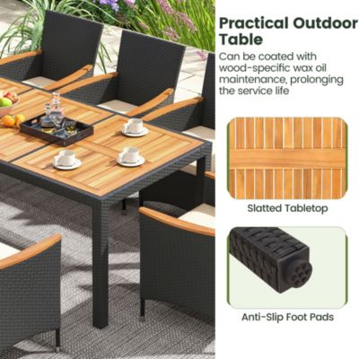 9 PCS Outdoor Dining Set with Acacia Wood Tabletop, Umbrella Hole, Seat Cushions