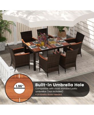 7 Pieces Outdoor Wicker Dining Set with Acacia Wood Table and 6 Stackable Chairs