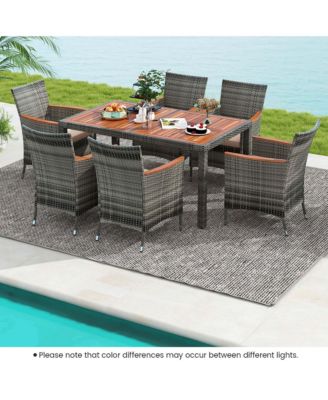 7 Pieces Outdoor Wicker Dining Set with Acacia Wood Table and 6 Armchairs
