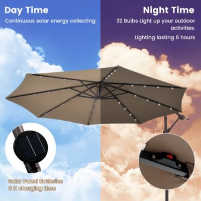 Patio 10FT Hanging Offset Umbrella 32 LED Lights Sand Bag Outdoor Cross Base