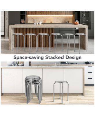 Set of 6 Stackable Metal Stool Set Daisy Backless Round Top Kitchen
