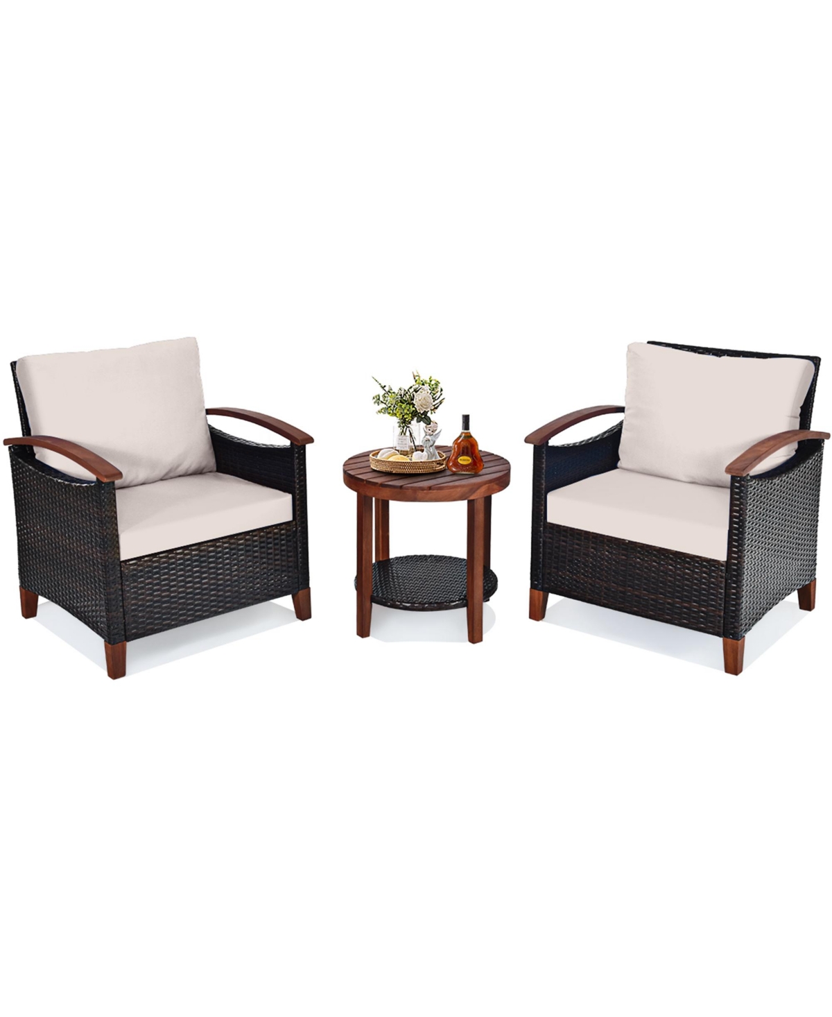 Costway 3PCS Patio Wicker Sofa Set Acacia Wood Frame -khaki