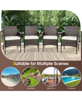 Set of 4 Patio Rattan Dining Chairs Cushioned Seat Curved Armrests