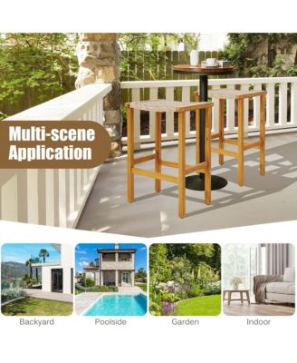 4PCS Patio PE Wicker Bar Stools with Acacia Wood Frame Bar Height Chairs Poolside