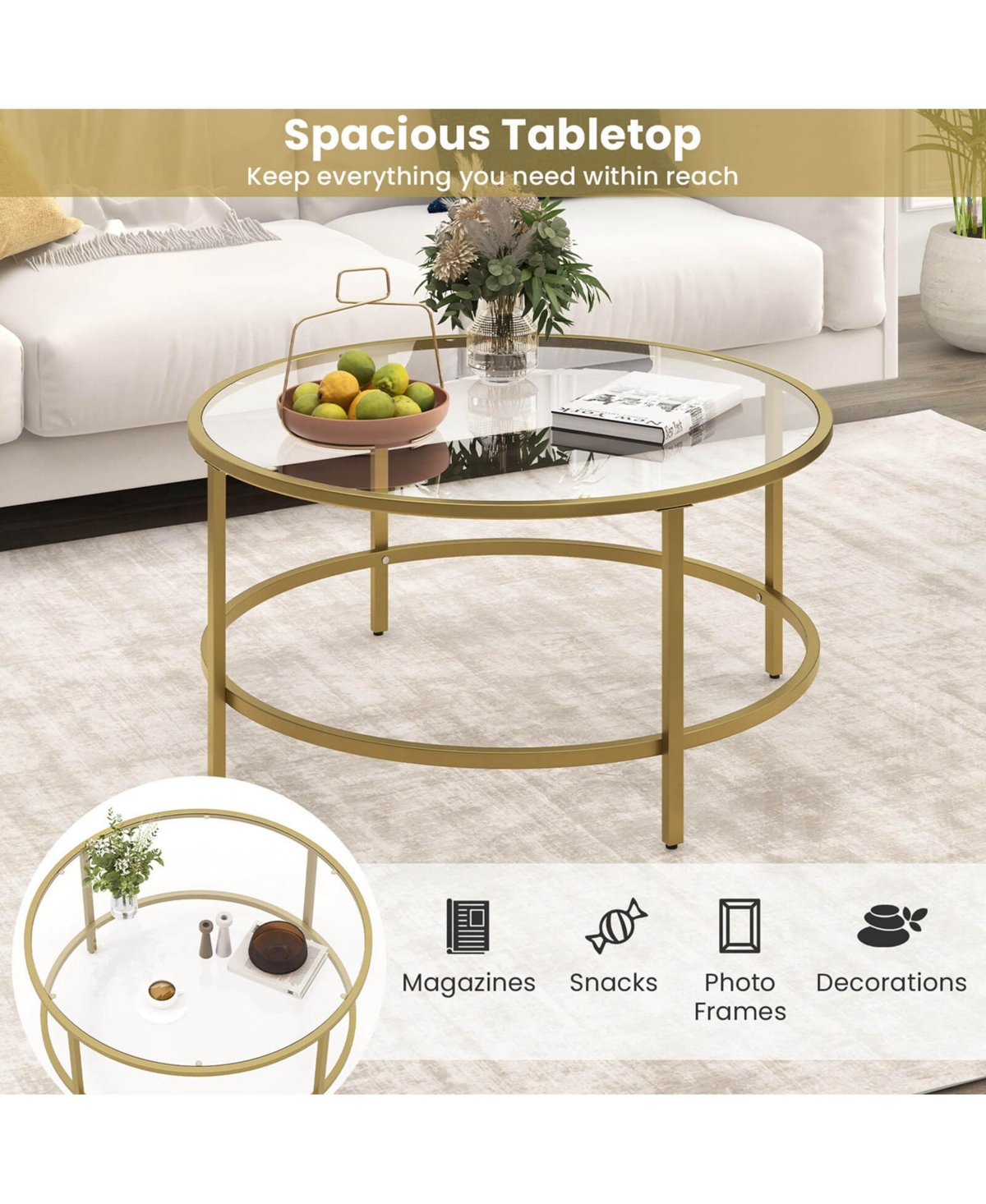 Costway 36'' Round Coffee Table Tempered Glass Tabletop Metal Frame Living Room