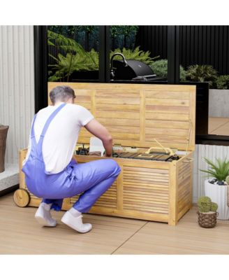 48 Gallon Acacia Wooden Patio Storage Deck Box Outdoor Storage Box with Wheels