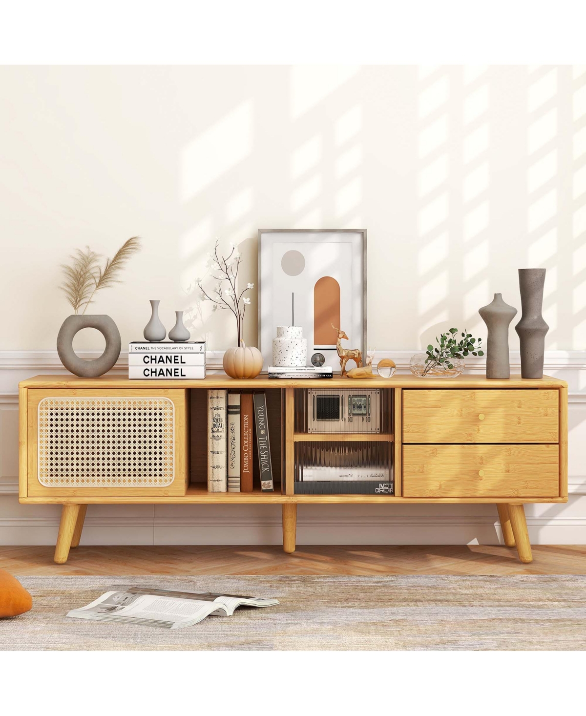 Costway Bamboo Tv Stand Console Table with Pe Rattan Door & 2 Drawers for Tv up to