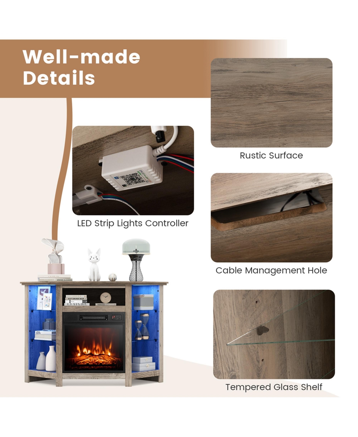 Costway Fireplace Tv Stand with Led Lights & 18'' Electric Fireplace for Tvs up to 50''