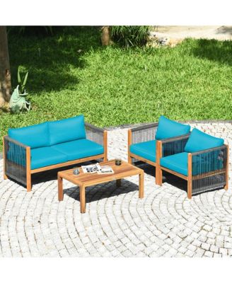 8PCS Acacia Wood Outdoor Patio Furniture Conversation Set W/ Turquoise Cushions