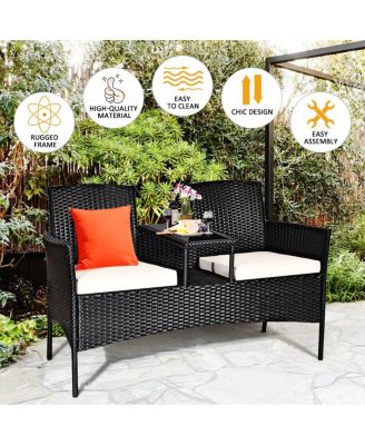 Patio Rattan Conversation Set Seat Sofa Cushioned Loveseat Glass Table Chairs