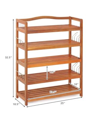 5-Tier Wood Shoe Rack Solid Acacia Wood Shoe Shelf with Side Metal Hooks