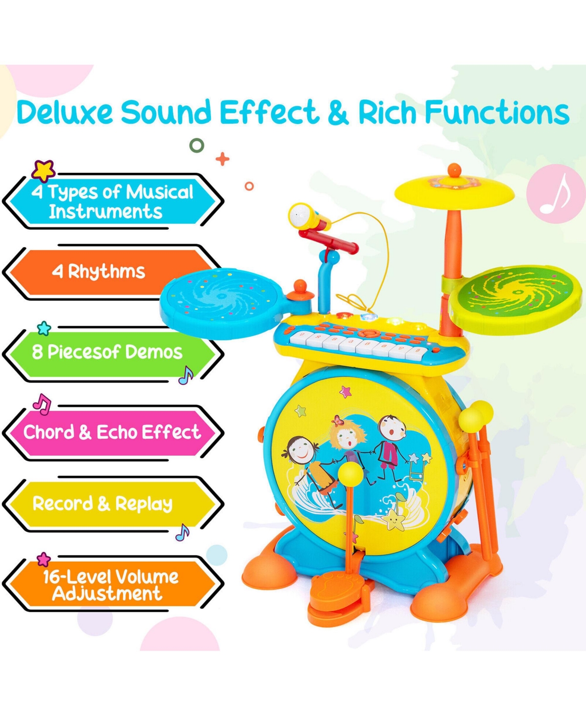 Costway 2-in-1 Kids Electronic Drum Kit Music Instrument Toy w/ Keyboard Microphone