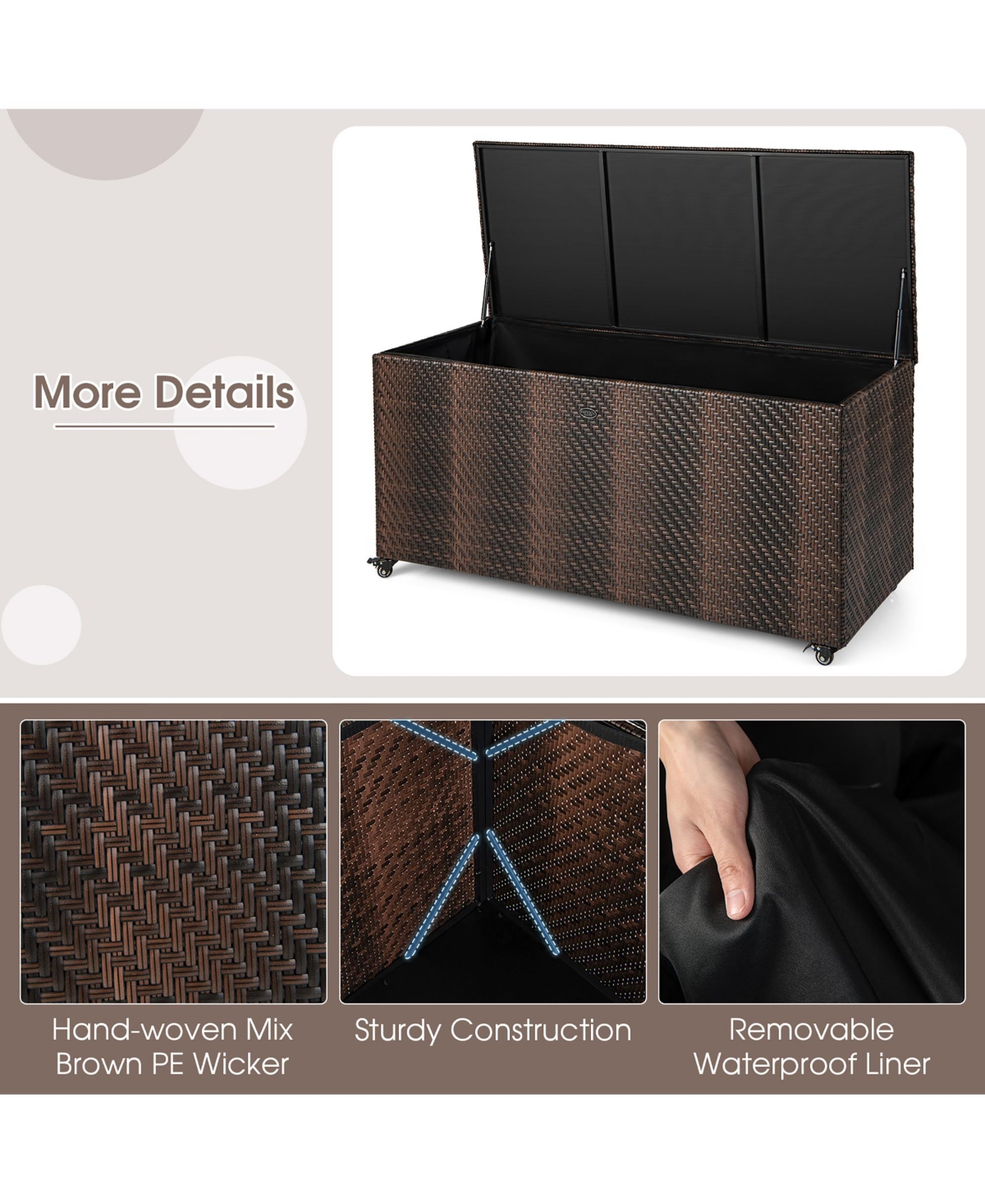 Costway Gallon Patio Rattan Storage Deck Box Container Garden Liner Wheels