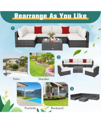 7PCS Patio Rattan Furniture Set Sectional Sofa Cushioned Garden